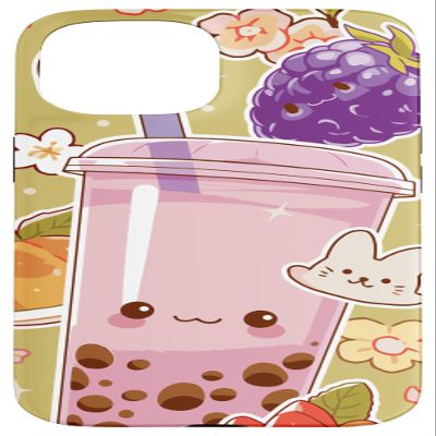 Cute Pink Bubble Tea Kawaii Boba Fruits and Flowers Pattern Case for iPhone 15