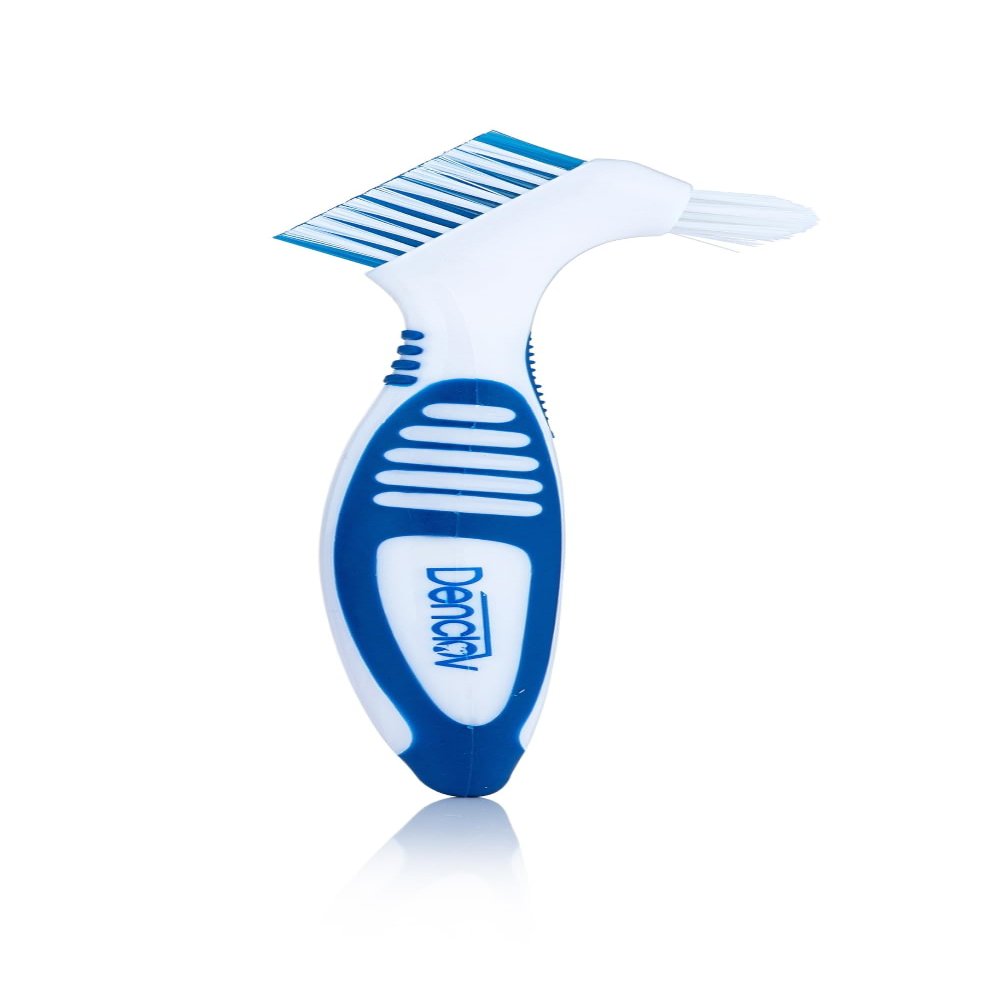 Denclov Denture Brush with Soft Bristles, Easy Grip Handle & Dual Angled Brush Heads for Cleaning Dentures | Retainer Brush for Cleaning Retainers
