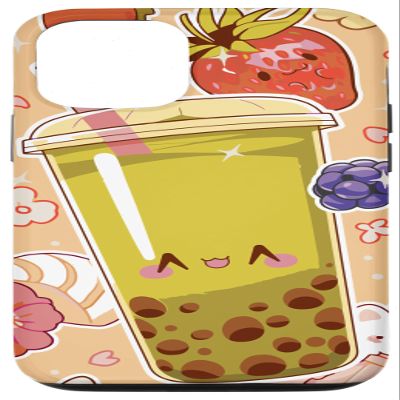 iPhone 15 Smiling Bubble Tea Kawaii Boba Fruits and Flowers Pattern Case