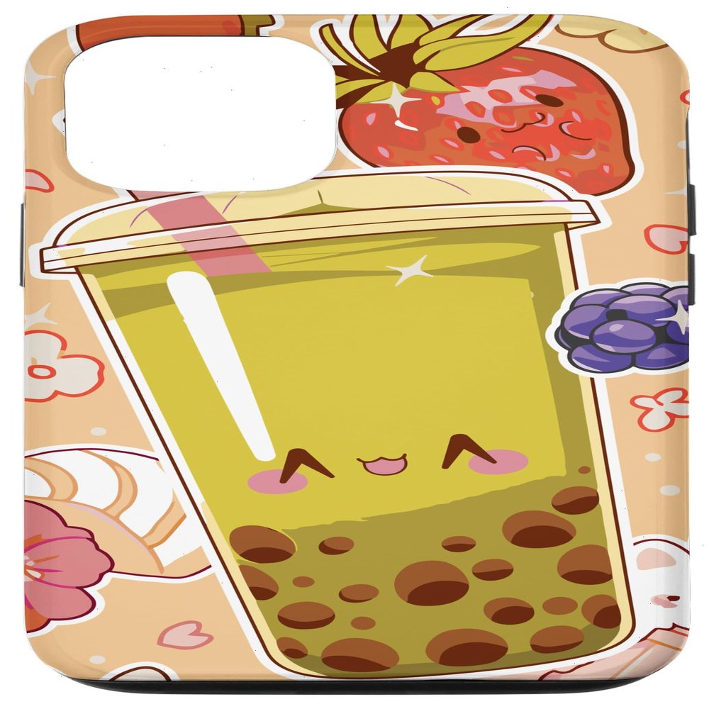 iPhone 15 Smiling Bubble Tea Kawaii Boba Fruits and Flowers Pattern Case