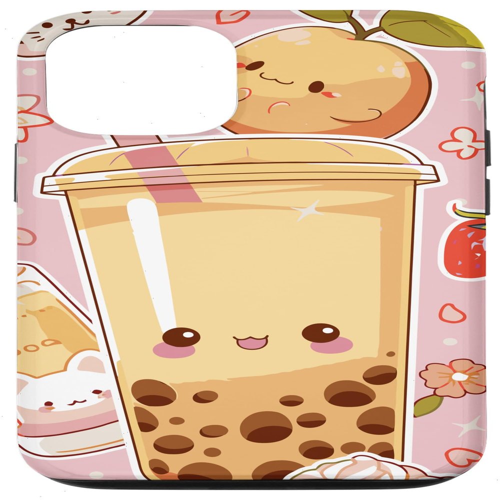 iPhone 15 Smiling Bubble Tea Kawaii Boba Floral Fruits Pattern Pastel Case