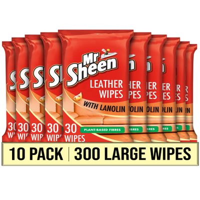 Mr Sheen Leather Wipes with Lanolin  10 Packs of 30 (300 Wipes Total), Cleans and Conditions Leather Surfaces, Suitable for Jackets, Sofas, Car Seats, Resealable Packs for Everyday Maintenance