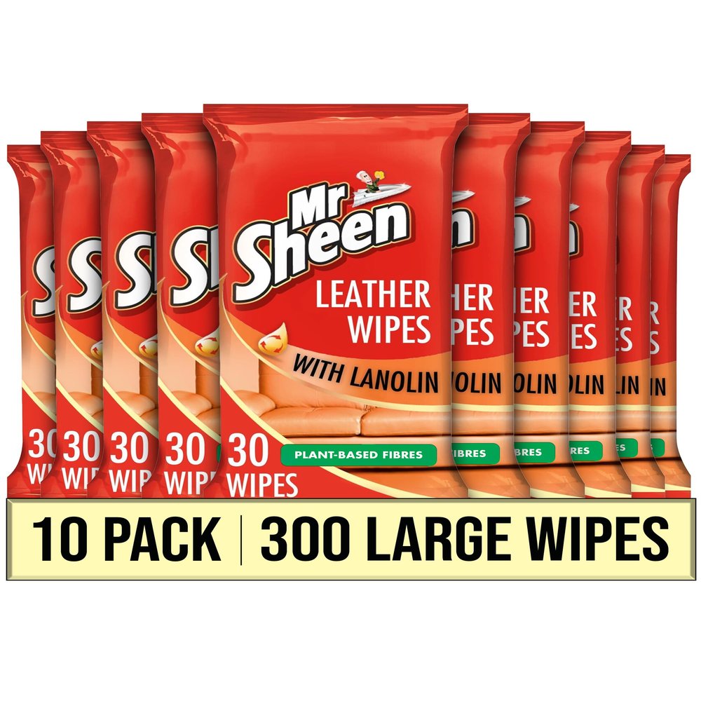 Mr Sheen Leather Wipes with Lanolin 10 Packs of 30 (300 Wipes Total), Cleans and Conditions Leather Surfaces, Suitable for Jackets, Sofas, Car Seats, Resealable Packs for Everyday Maintenance