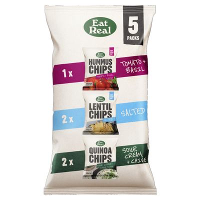 Eat Real Mixed Multipack - 2 x 18g Salted Lentil, 2 x 20g Sour Cream & Chive Quinoa, 1 x 22g Tomato & Basil Hummus Chips