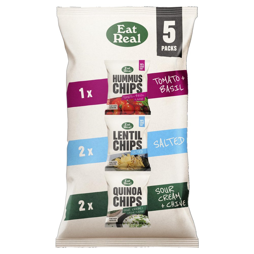 Eat Real Mixed Multipack - 2 x 18g Salted Lentil, 2 x 20g Sour Cream & Chive Quinoa, 1 x 22g Tomato & Basil Hummus Chips