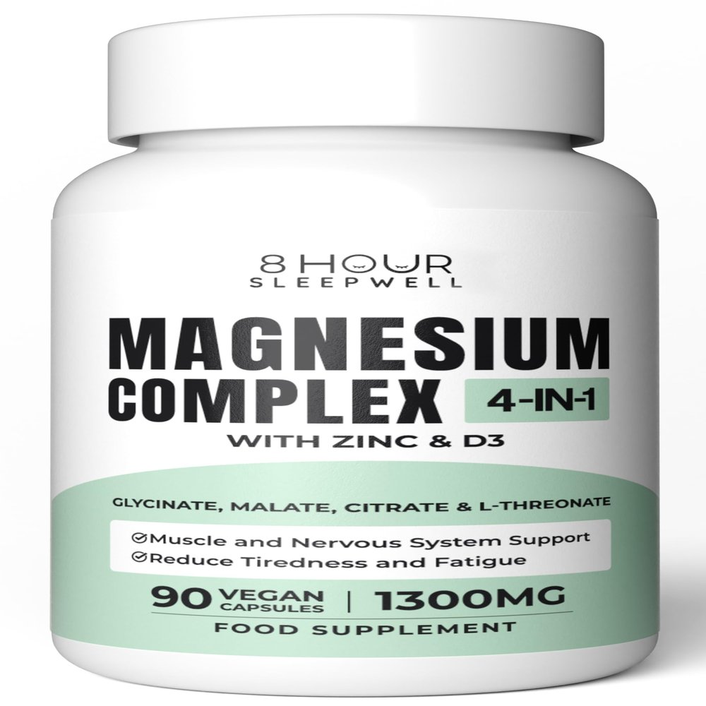 Magnesium Glycinate with Zinc & Vitamin D3 | 4 in 1 Complex | 1300mg Magnesium Supplements (Bisglycinate, Citrate, Malate & L-Threonate) | 90 Vegan, Gluten-Free Capsules | High-Strength & Absorption