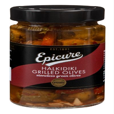 Epicure Grilled Stoneless Halkidiki Green Olives, Preserved Bold Flavour, Premium Mediterranean Cuisine, 290 g (Pack of 1)