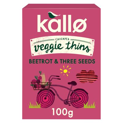 Kallo Beetroot & Three Seeds Veggie Thins Crackers | Healthy Snacks High Fibre, Plant Protein, Gluten Free & Baked | 100g Single Pack