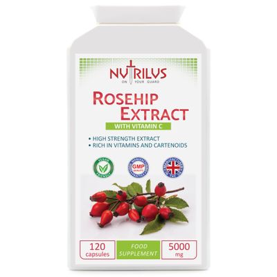 Nutrilus Rosehip Extract 120 Capsules 5000mg - High Strength Vegan Supplement - Rosa canina with Vitamin C - Bones & Cartilage - UK Made