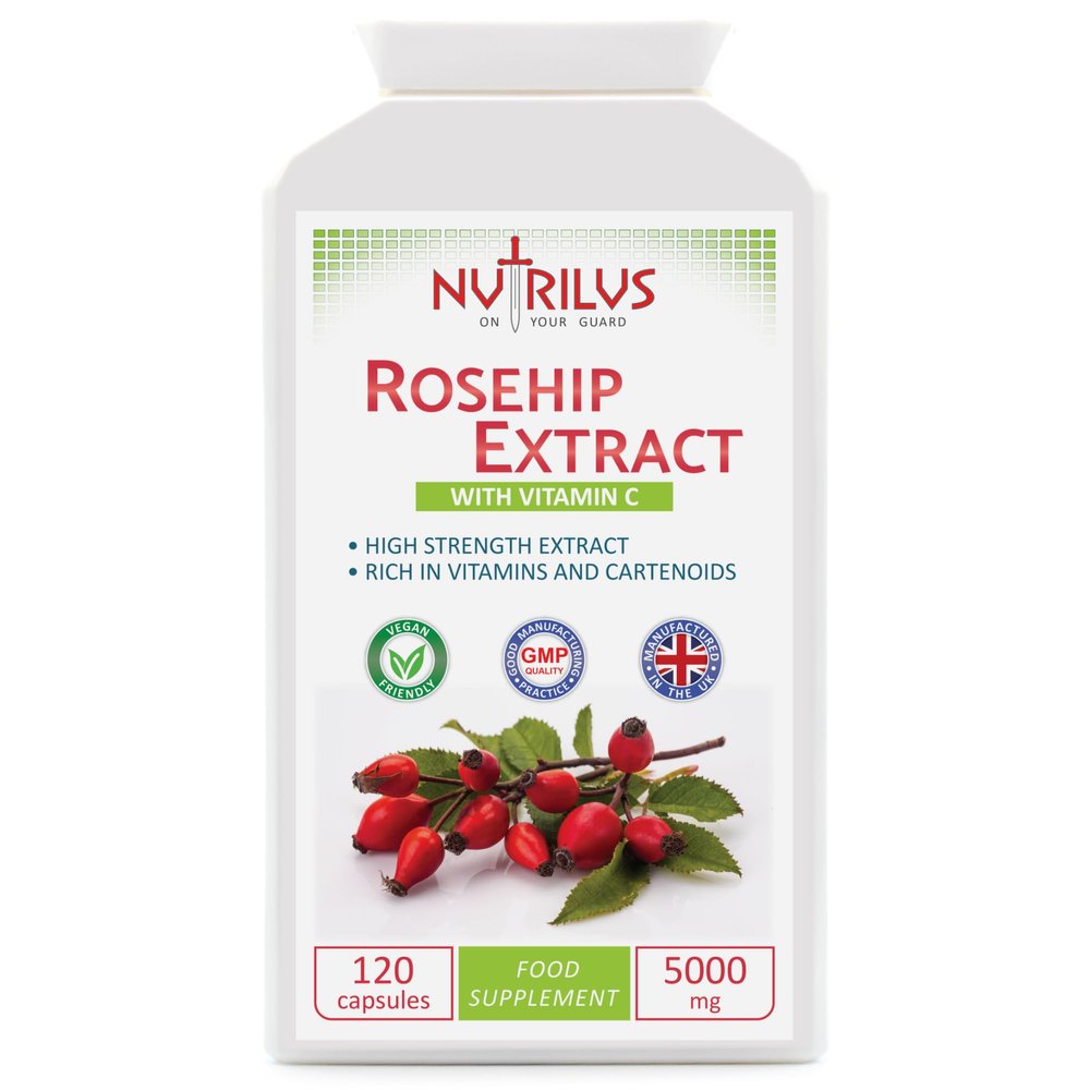 Nutrilus Rosehip Extract 120 Capsules 5000mg - High Strength Vegan Supplement - Rosa canina with Vitamin C - Bones & Cartilage - UK Made