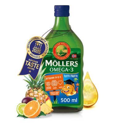 Mollers  | Omega 3 for kids Cod Liver Oil | Nordic Omega-3 Dietary Supplements with EPA, DHA, Vitamin A, D & E | Pure, Natural cod Liver Oil Liquid | 166-year-old-brand | Tutti Frutti Taste | 500 ml
