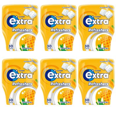 Extra Refreshers, Tropical Flavor Sugar free Chewing Gum Bottle, 6 x 30 Pack (Tropical), 30 count (Pack of 1)