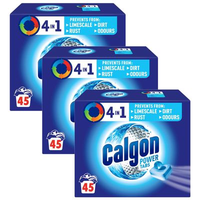 Calgon 4-in-1 Washing Machine Cleaner and Water Softener Tablets, 45 Count, Pack of 3 | Removes Limescale, Residue, Dirt, Rust & Malodours | Deep Clean | L Pack Size