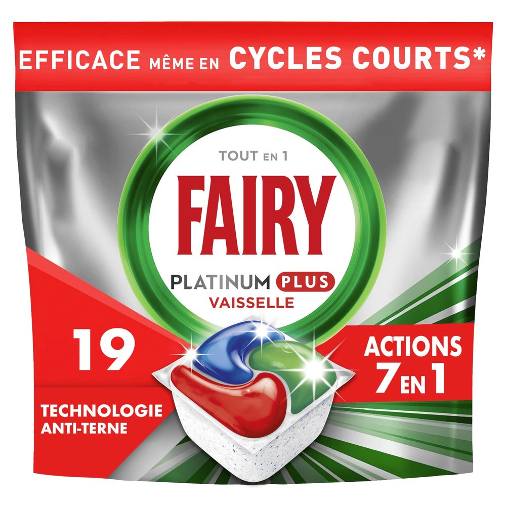 Fairy Platinum Plus Dishwasher Tablets, All In One Technology, Anti-Terne, Regular, 19 Capsules, Optimal Cleaning for Clean Tableware