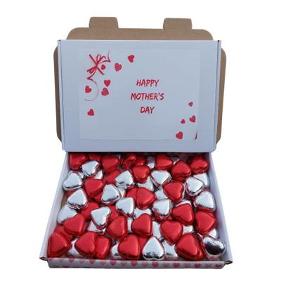 Mothers Day Sweet Gift 70 Chocolate Hearts Individually wrapped milk chocolates Red Foil Love Heart Chocolates box (Red & Silver Heart, 70)