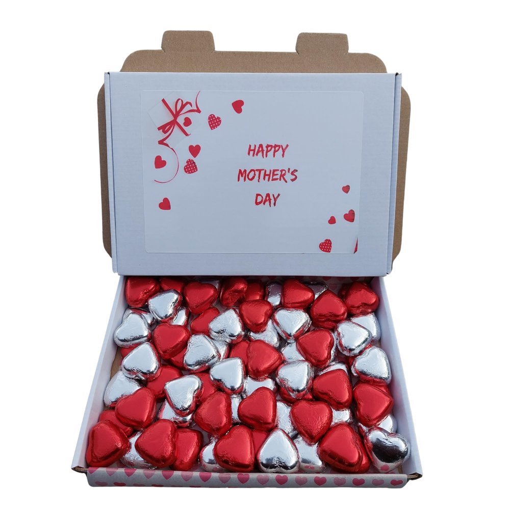 Mothers Day Sweet Gift 70 Chocolate Hearts Individually wrapped milk chocolates Red Foil Love Heart Chocolates box (Red & Silver Heart, 70)