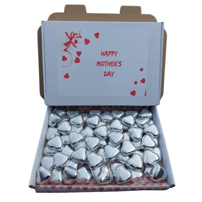 Mothers Day Sweet Gift 70 Chocolate Hearts Individually wrapped milk chocolates Red Foil Love Heart Chocolates box (Silver Heart, 70)
