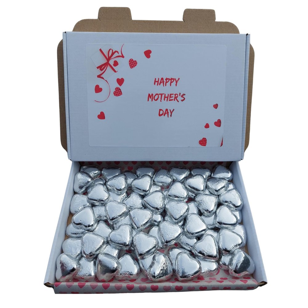 Mothers Day Sweet Gift 70 Chocolate Hearts Individually wrapped milk chocolates Red Foil Love Heart Chocolates box (Silver Heart, 70)