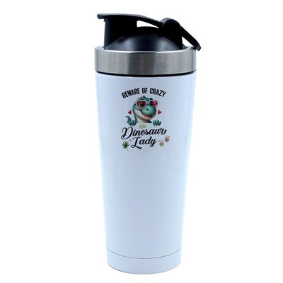 Beware of Crazy Dinosaur Lady, gifts idea for Woman and Girls, 500ml Aluminium Shaker Bottle for Supplement Shakes - Easy Clean, Durable Cup. (White)
