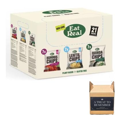 Eat Real Crisps Vegan & Healthy Snacks Variety Box - 21-Pack Featuring a Mix of Quinoa, Lentil, and Hummus Chips
