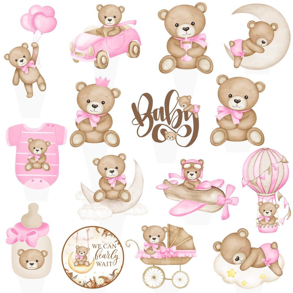 CANDY CHEF We Can Bearly Cupcake Toppers Bear Cupcake Toppers 48Pcs Teddy Bear Baby Shower Cake Toppers Pink Bear Theme Gender Revel Party Decorations for Bear Birthday Party Supplies