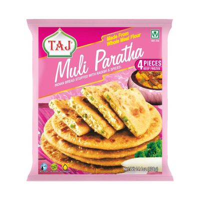 Taj Muli Paratha, 4Pieces, Made from Whole Meal Flour, Handmade flatbread Stuffed with White Radish and Spices, Traditional South Asian flatbread, 400g (Pack of 1)