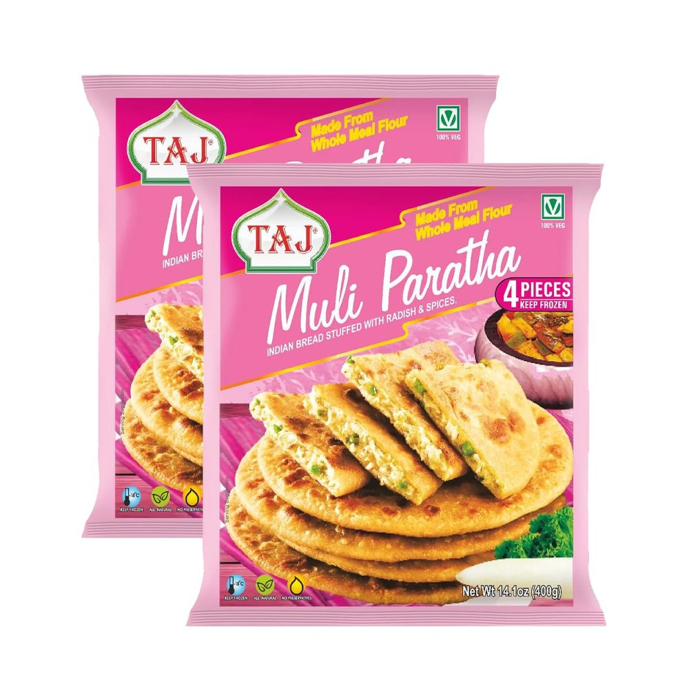 Taj Muli Paratha, 4Pieces, Made from Whole Meal Flour, Handmade flatbread Stuffed with White Radish and Spices, Traditional South Asian flatbread, 400g (Pack of 2)