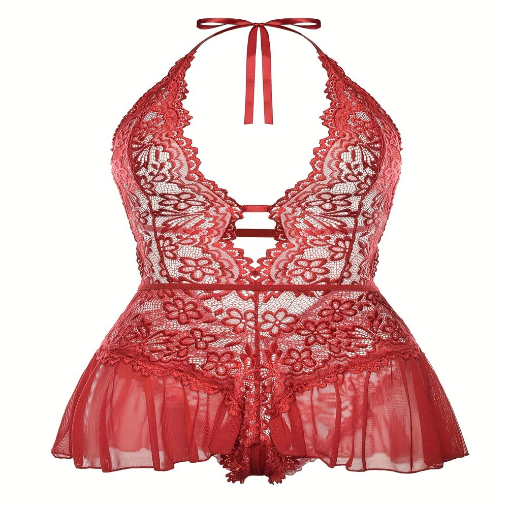 allribelly Women's Plus Size Lace Bodysuit Sexy Halter V Neck One-Piece Teddy Lingerie, Burgundy, 3XL