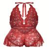 allribelly Women's Plus Size Lace Bodysuit Sexy Halter V Neck One-Piece Teddy Lingerie, Burgundy, 3XL view 2