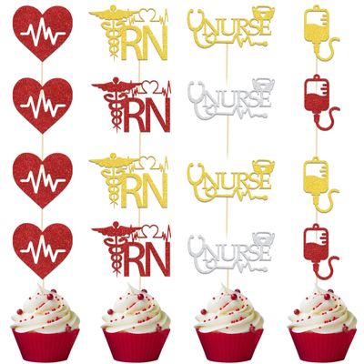 RN Cupcake Toppers, 2024 Nurse Graduation Cake Decorations, Nursing School Survivor, Medical RN Nurse Grad Party Decor Supplies Gold Red 24 Pcs