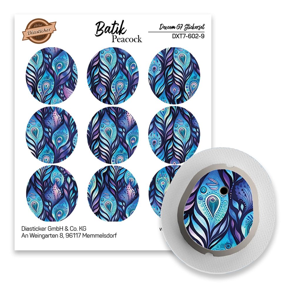 Dexcom G7 Sensor Sticker, Set of 9, Batik Peacock, Stickers for Sensors Diasticker