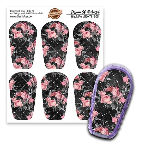 Dexcom G6 Sensor Stickers, Set of 6, Black Floral, Stickers for Sensors Diasticker