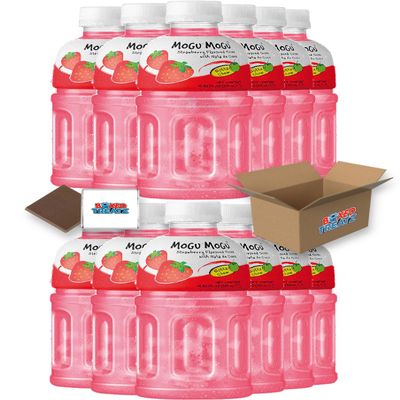 Mogu Mogu Flavored Drinks 12x320ml, STRAWBERRY - Nata De Coco Juice - Refreshing Taste - Fun Drinking During Hot Summers Or Take Them On Trips & Picnics Boxed Treatz