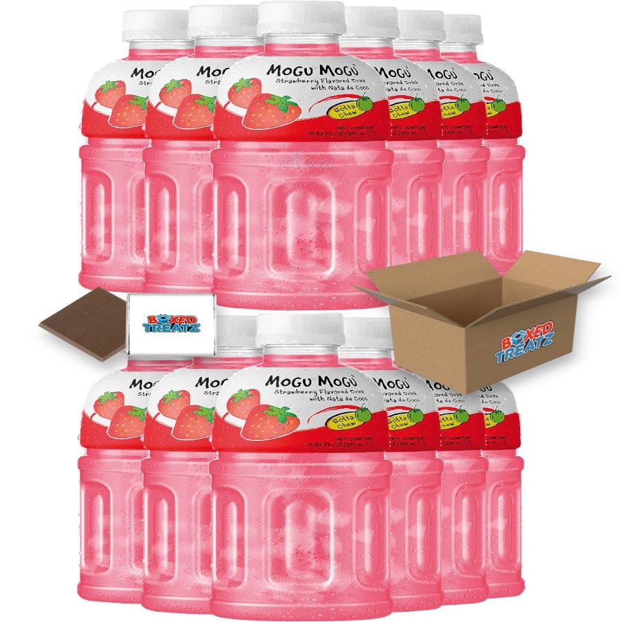 Mogu Mogu Flavored Drinks 12x320ml, STRAWBERRY - Nata De Coco Juice - Refreshing Taste - Fun Drinking During Hot Summers Or Take Them On Trips & Picnics Boxed Treatz