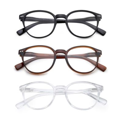 OuShiun Reading Glasses Blue Light Blocking, Spring Hinges Round Readers Glasses for Men Women Lightweight Frame/Anti Glare/Anti Eyestrain/UV protection (Black/Brown/Clear,3.0)