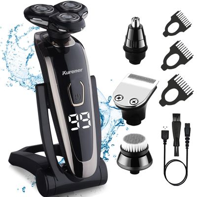 Electric Razor for Men Shaver Rechargeable 100% Waterproof Rotary for Shaving with Nose Trimmer Sideburns Trimmer Face Cleaning Brush
