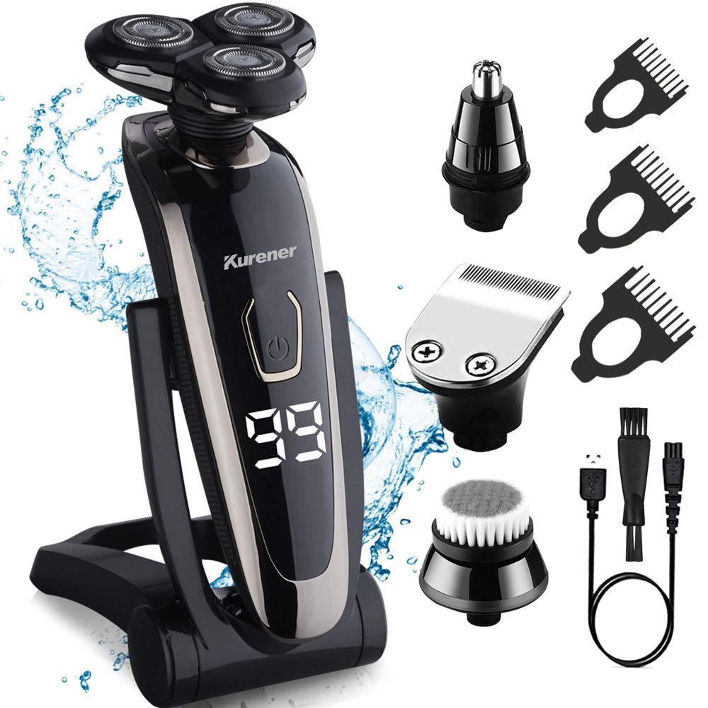 Electric Razor for Men Shaver Rechargeable 100% Waterproof Rotary for Shaving with Nose Trimmer Sideburns Trimmer Face Cleaning Brush