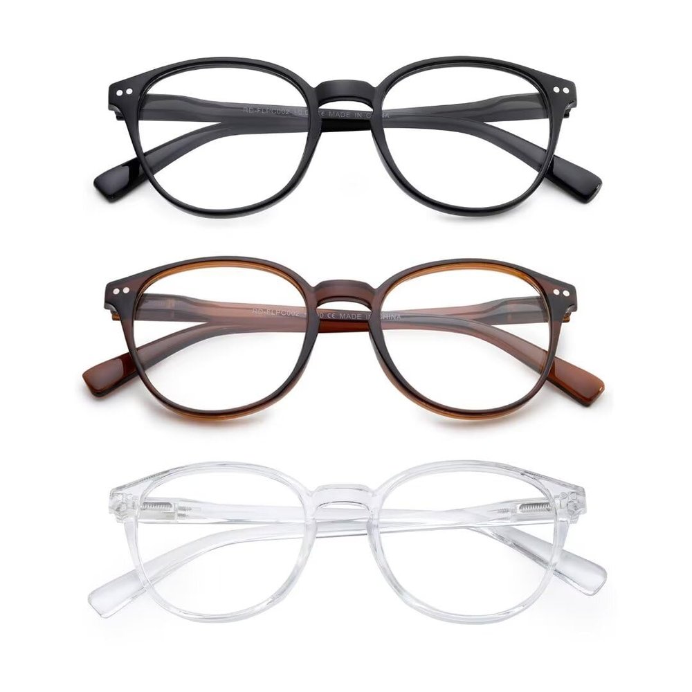 OuShiun Reading Glasses Blue Light Blocking, Spring Hinges Round Readers Glasses for Men Women Lightweight Frame/Anti Glare/Anti Eyestrain/UV protection (Black/Brown/Clear,2.50)