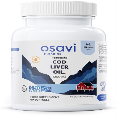 Osavi Norwegian Cod Liver Oil 1000 mg 60 Softgels | Lemon Flavor | DHA & EPA for Heart, Brain & Vision Health | Supports Immune Function | Sourced from Wild Atlantic Cod