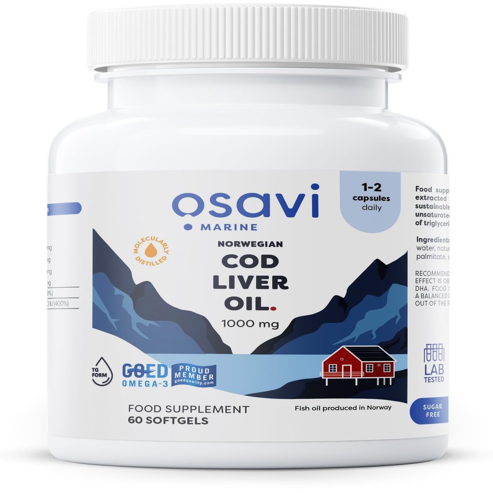 Osavi Norwegian Cod Liver Oil 1000 mg  60 Softgels | Lemon Flavor | DHA & EPA for Heart, Brain & Vision Health | Supports Immune Function | Sourced from Wild Atlantic Cod