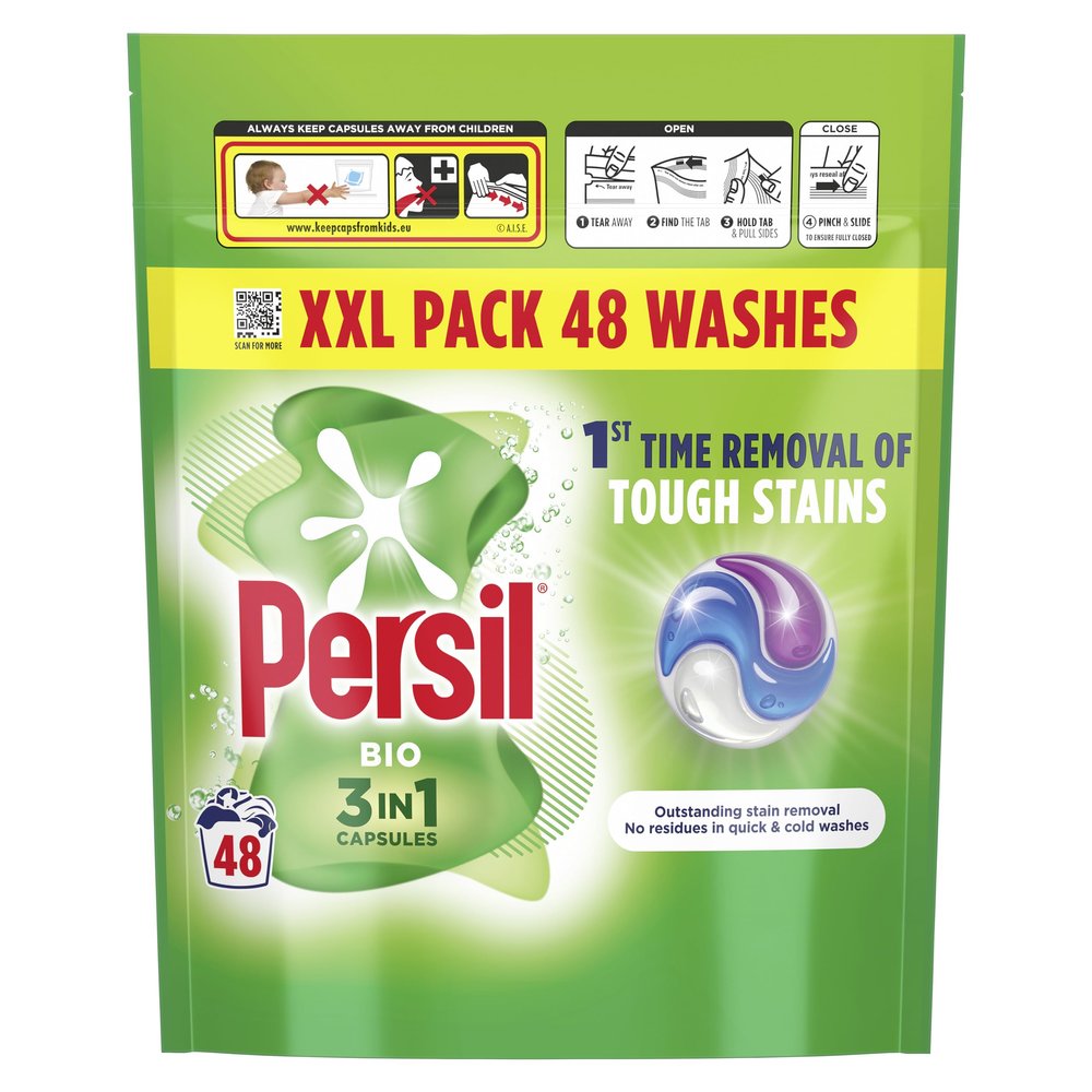 Persil Bio 3 in 1 Washing Capsules 1st time removal of tough stains outstanding stain removal in quick & cold washes 48 washes