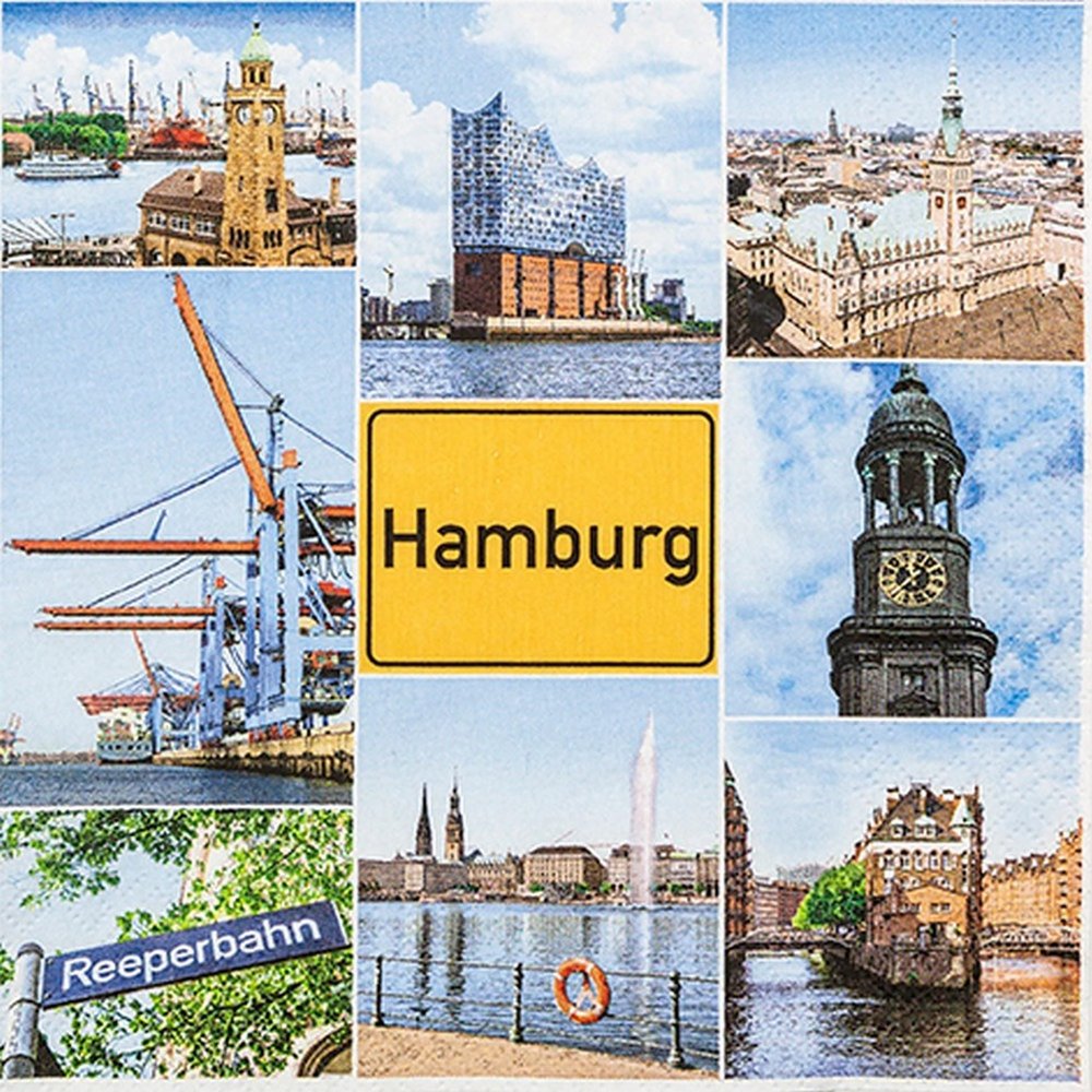 20 Napkins Cities of Hamburg in Postcard Style as Table Decoration Paper Napkins with Motif Also for Decoupage and Decoupage 33 x 33 cm