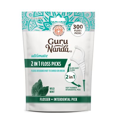 GuruNanda 2 in 1 Dental Floss Picks - Non-Slip Grip Handle, Slide Easy, No Break or Shred Flosser - Complete Oral Care with Interdental Pick for Healthy Teeth & Gums - Mint Flavor, 300 Count (1 Pack)
