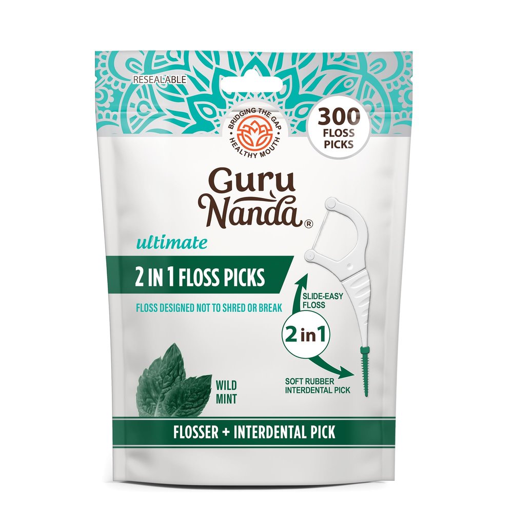 GuruNanda 2 in 1 Dental Floss Picks - Non-Slip Grip Handle, Slide Easy, No Break or Shred Flosser - Complete Oral Care with Interdental Pick for Healthy Teeth & Gums - Mint Flavor, 300 Count (1 Pack)