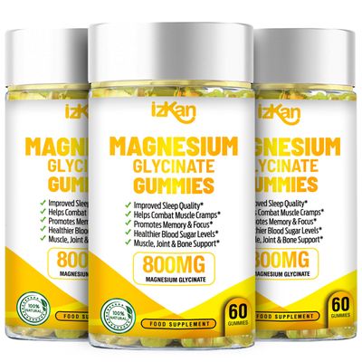 Izkan- Magnesium Glycinate Gummies 1600mg - Sugar Free Magnesium Supplement with Calcium, Potassium Vitamin D, B6 & CoQ10 for Calm Mood & Muscle, Sleep Support 60 Gummies (3X)