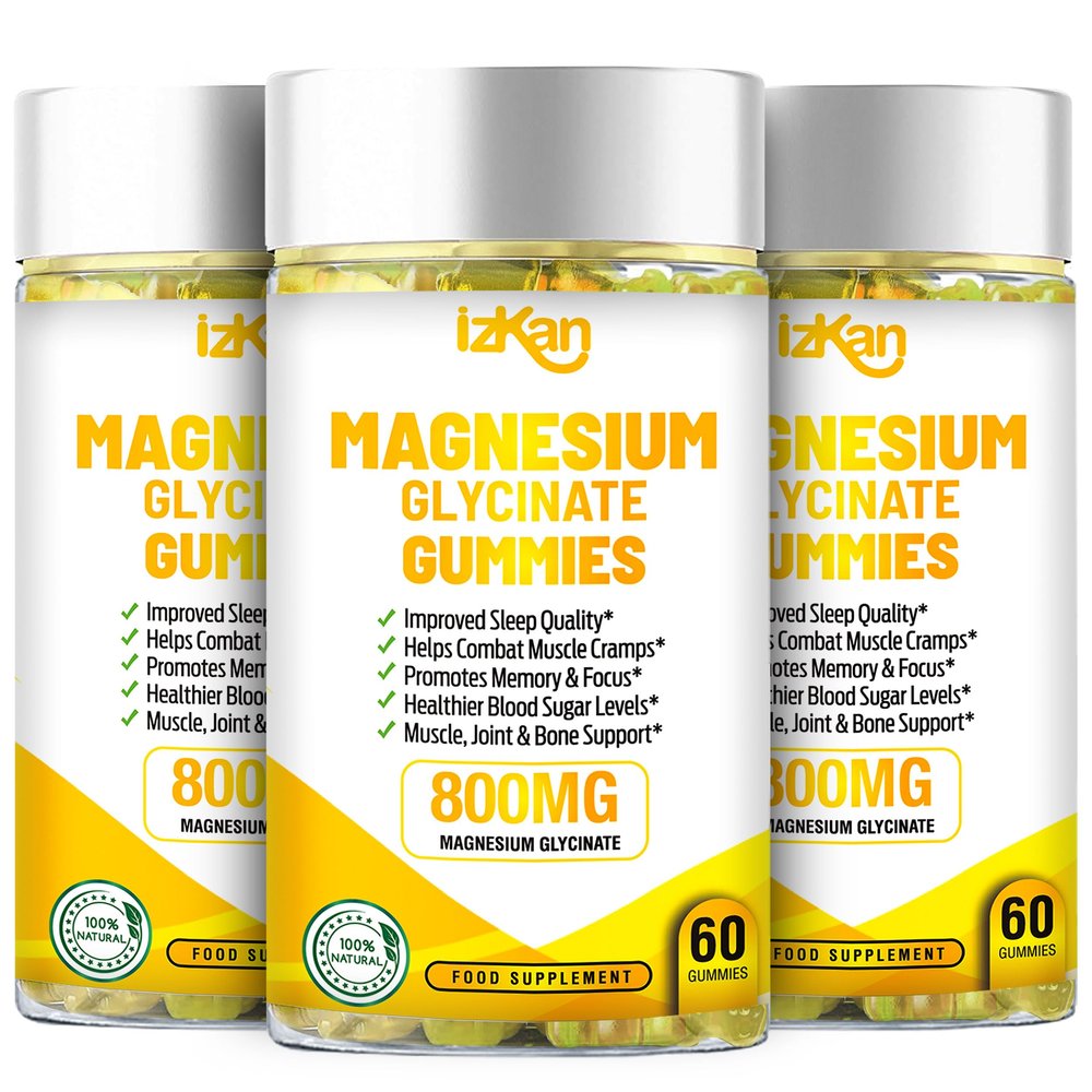 Izkan- Magnesium Glycinate Gummies 1600mg - Sugar Free Magnesium Supplement with Calcium, Potassium Vitamin D, B6 & CoQ10 for Calm Mood & Muscle, Sleep Support 60 Gummies (3X)