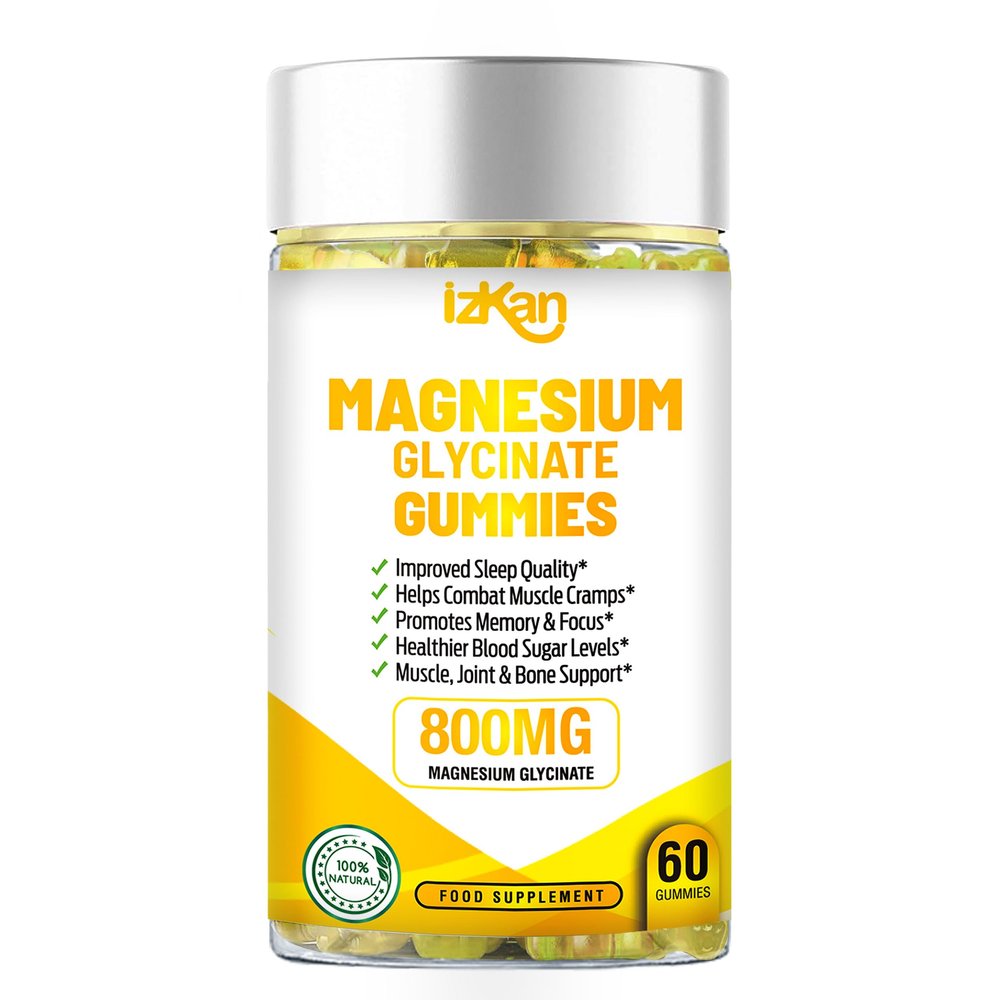 Izkan- Magnesium Glycinate Gummies 1600mg - Sugar-Free Magnesium Supplement with Calcium, Potassium Vitamin D, B6 & CoQ10 for Calm Mood & Muscle, Sleep Support 60 Gummies (1X)