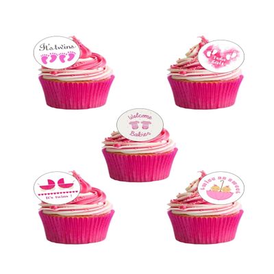 24 Pre-Cut IT'S TWIN GIRLS BABY SHOWER Themed Edible Wafer Paper Cake Toppers Decorations