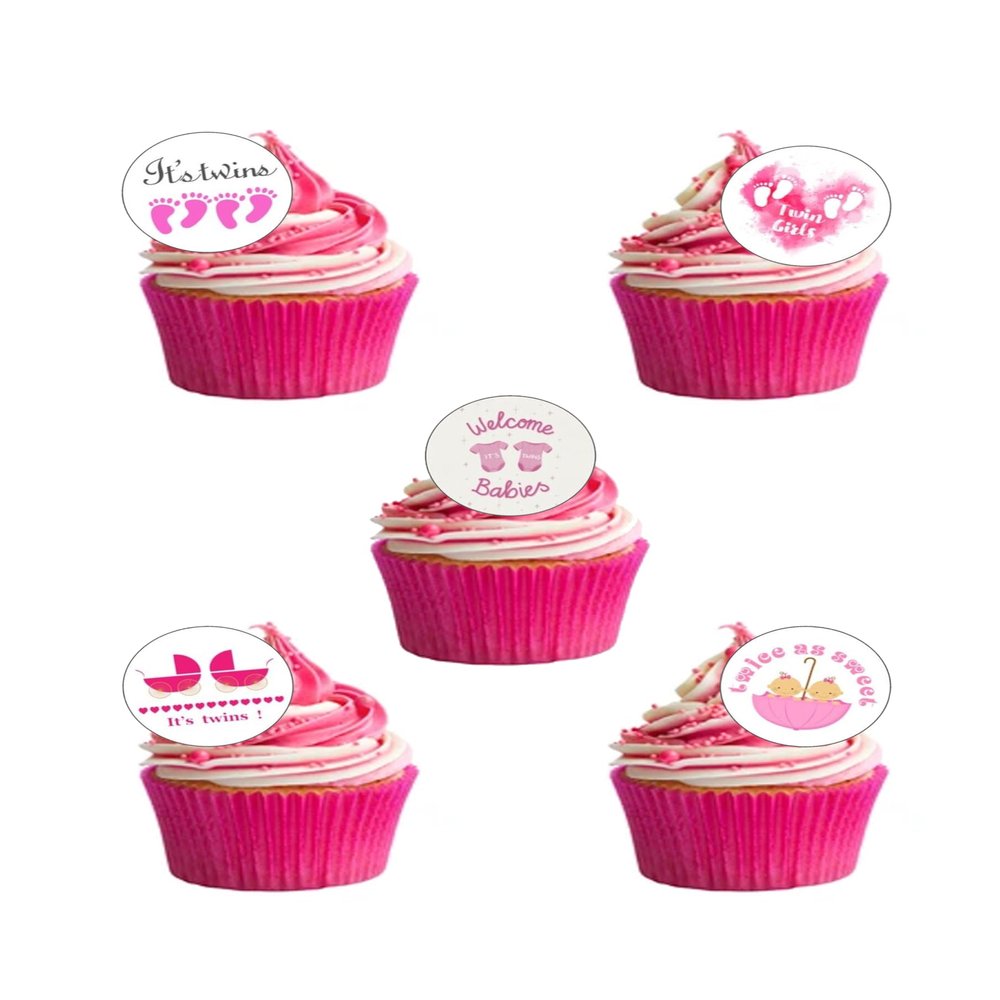 24 Pre-Cut IT'S TWIN GIRLS BABY SHOWER Themed Edible Wafer Paper Cake Toppers Decorations
