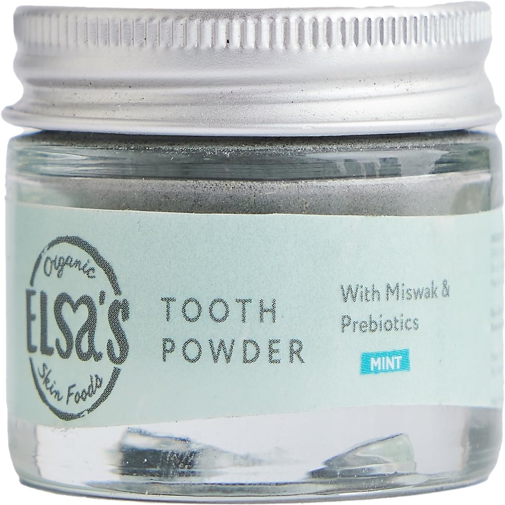 Elsas Organic Skin Foods - Natural Tooth Powder - Removes Stains - Peppermint & Spearmint - Contains Xylitol - Activated Charcoal - Gentle Whitening